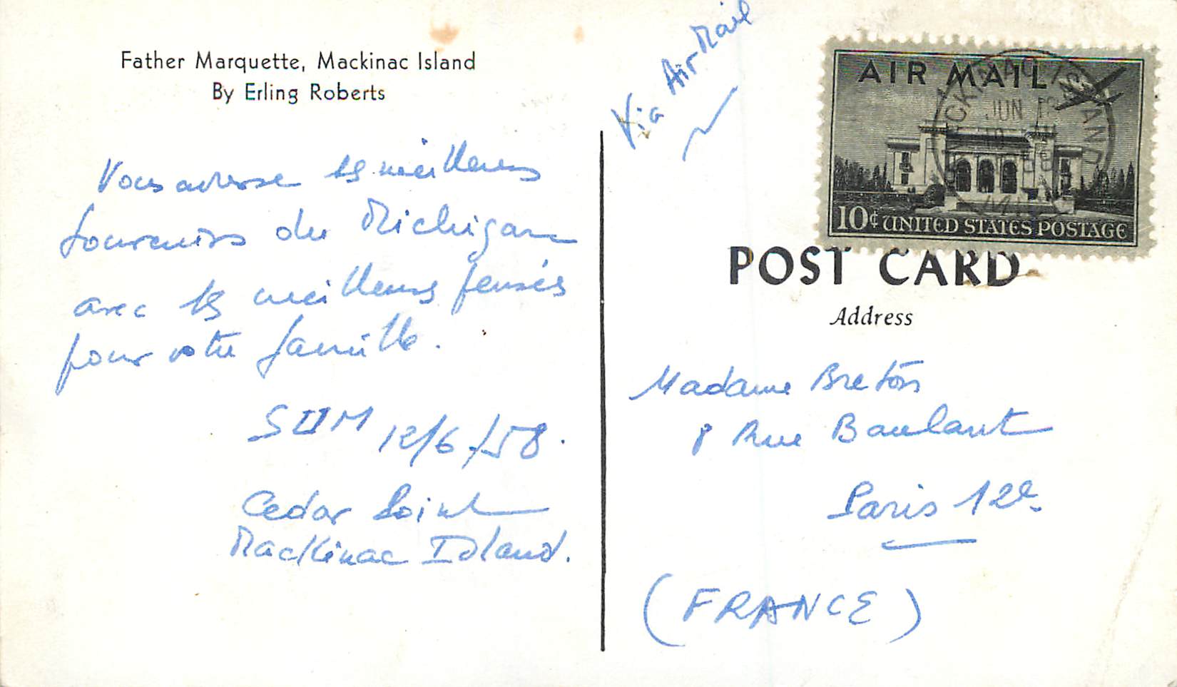 CPM Father Marquette Mackinac Island By Erling Roberts — Rückseite