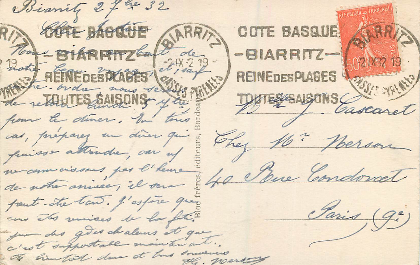 CPA Biarritz La Cote Basque Les Falaises et la Plage de la Cote des Basques — Verso