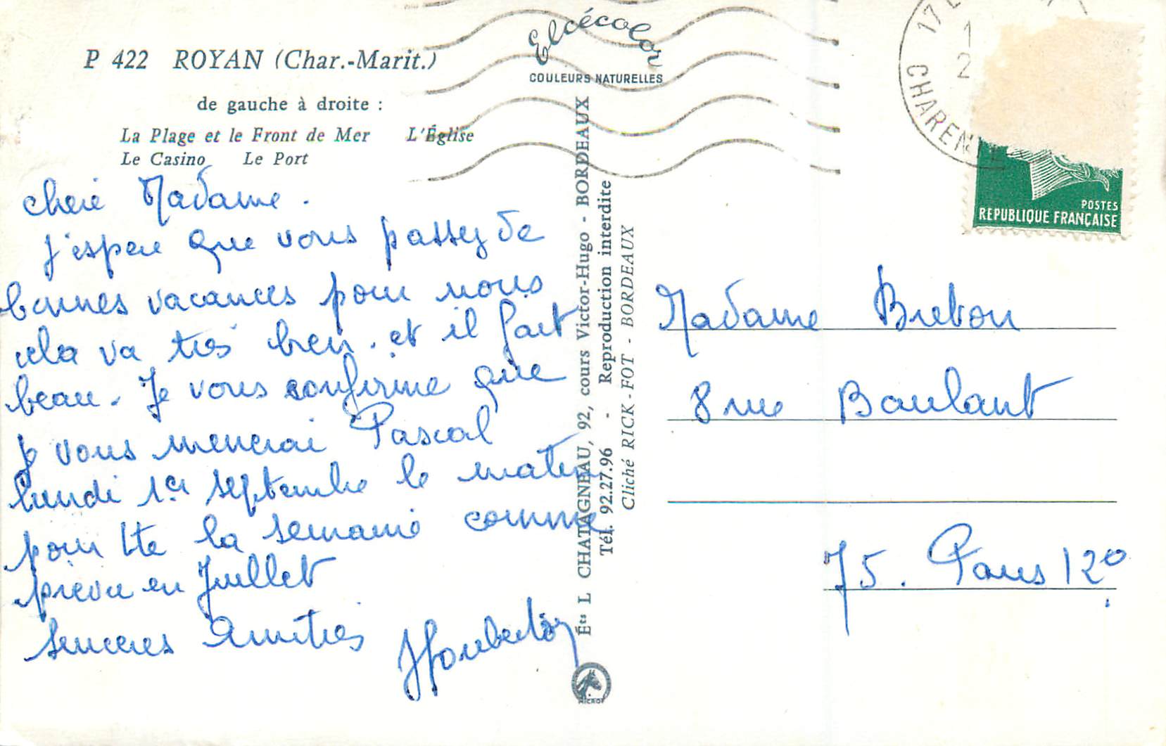 Royan — Plage, Front de Mer, Église, Casino, Port — Éditeur L. Chatagnéau, Bordeaux — Back
