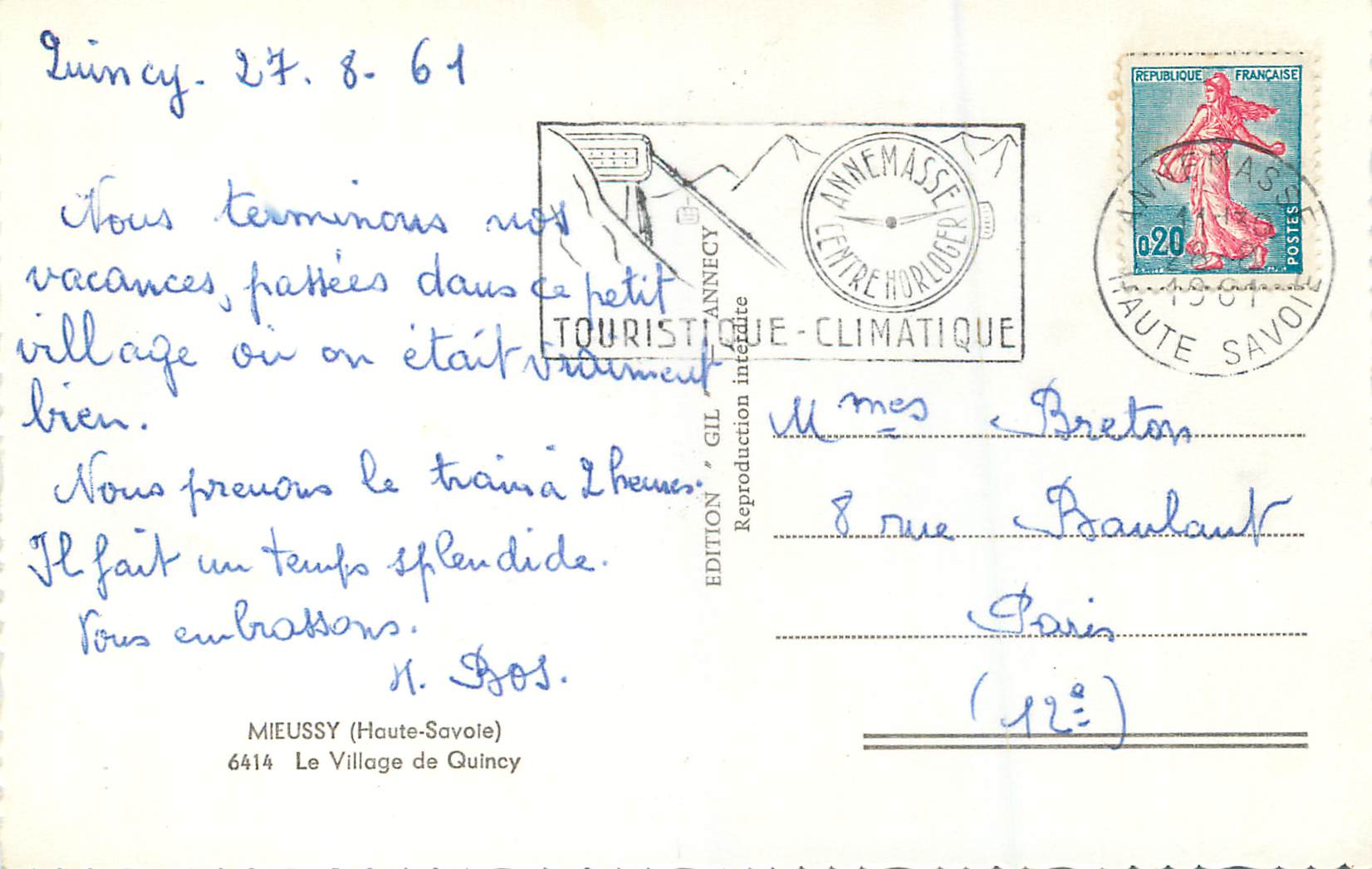 Quincy — Vue panoramique du village et des montagnes — Édition Gil Annemasse — Verso