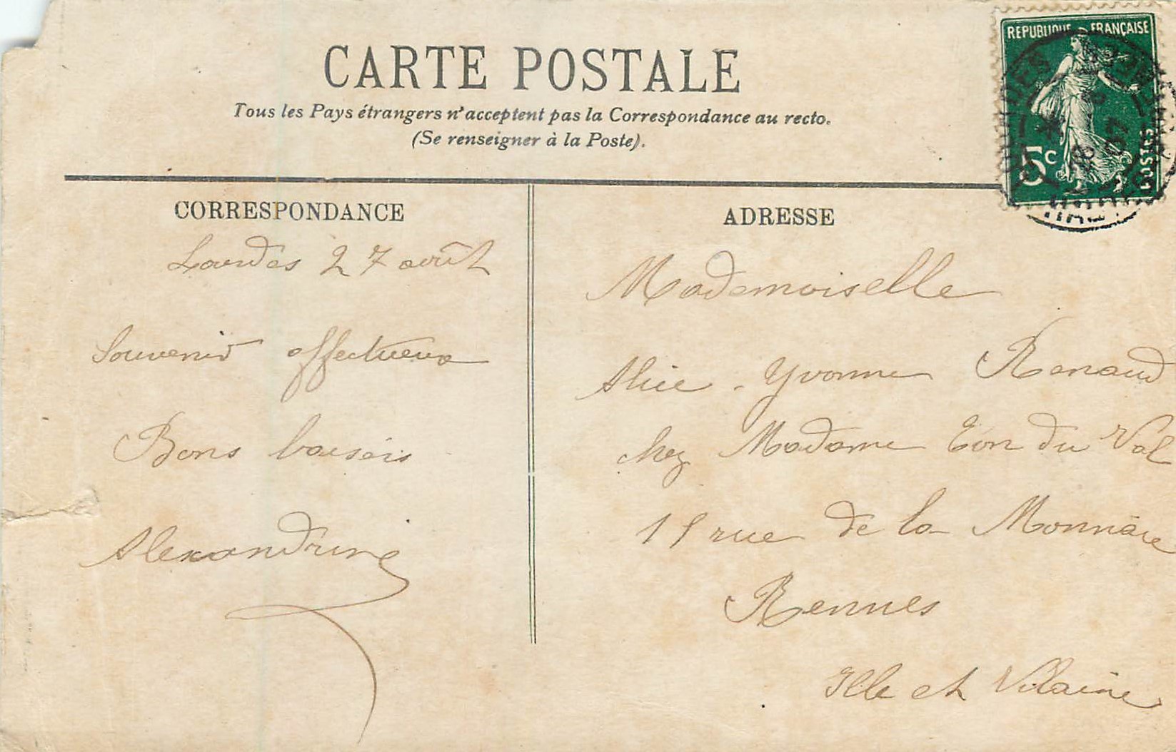 CPA Lourdes Vierge Couronnee — Verso