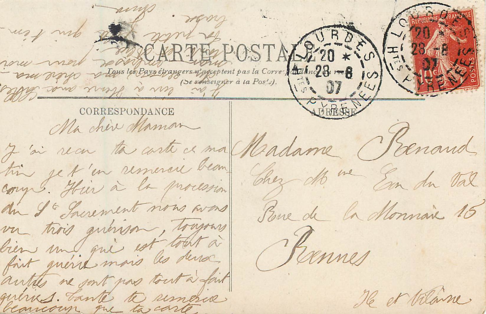 Lourdes — La Vierge de la Grotte — ANR 229 — Verso