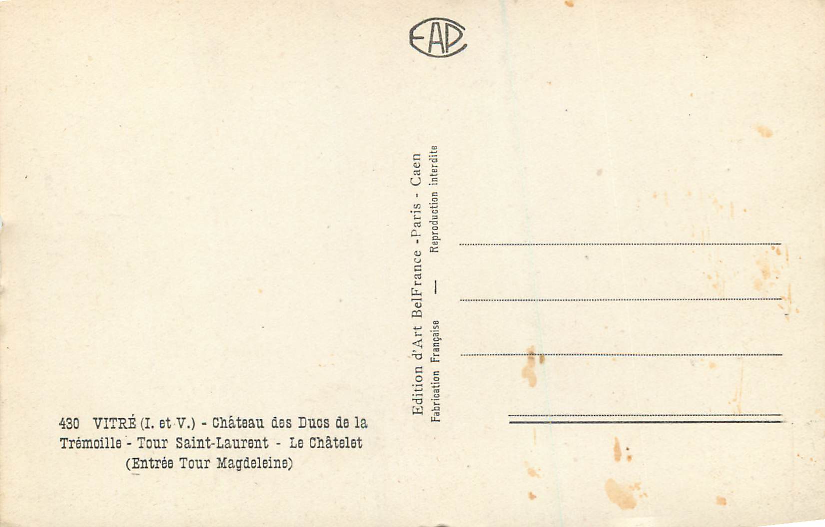 CPM Vitre (I et V) Chateau des Duos de la Tremoille Tour Saint Laurent le Chatelet (Entree Tour Magdeleine) — Verso