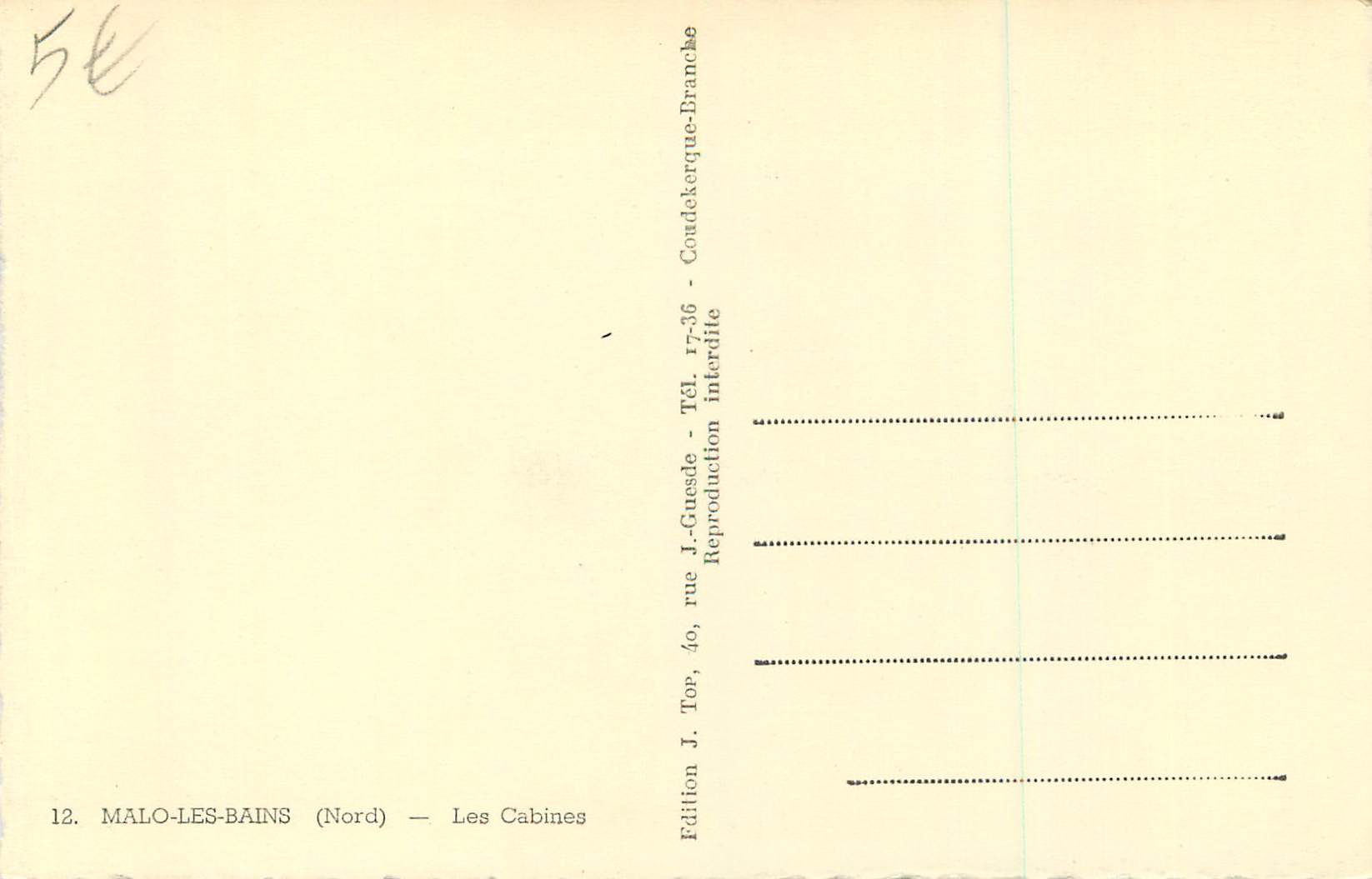 Malo-les-Bains (Nord) — Les Cabines — Édition J. Ton — Rückseite