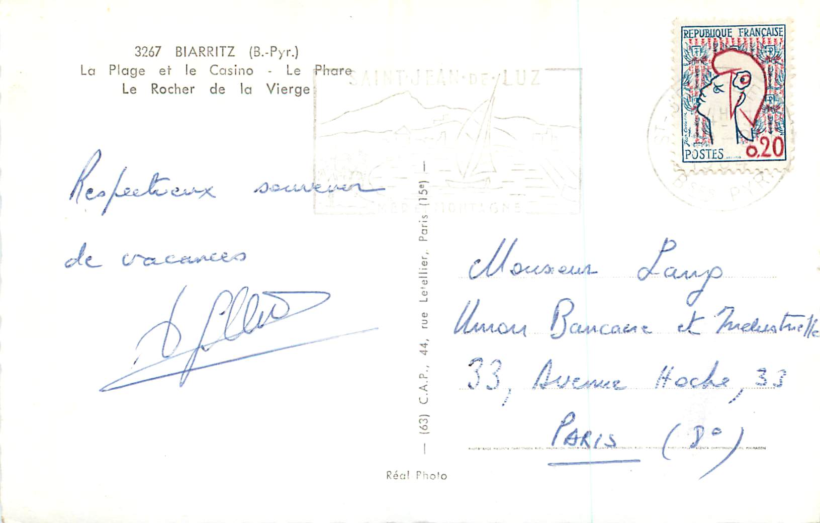 CPM Biarritz (B Pyr) La Plage et le Casino Le Phare Le Rocher de la Vierge — Verso