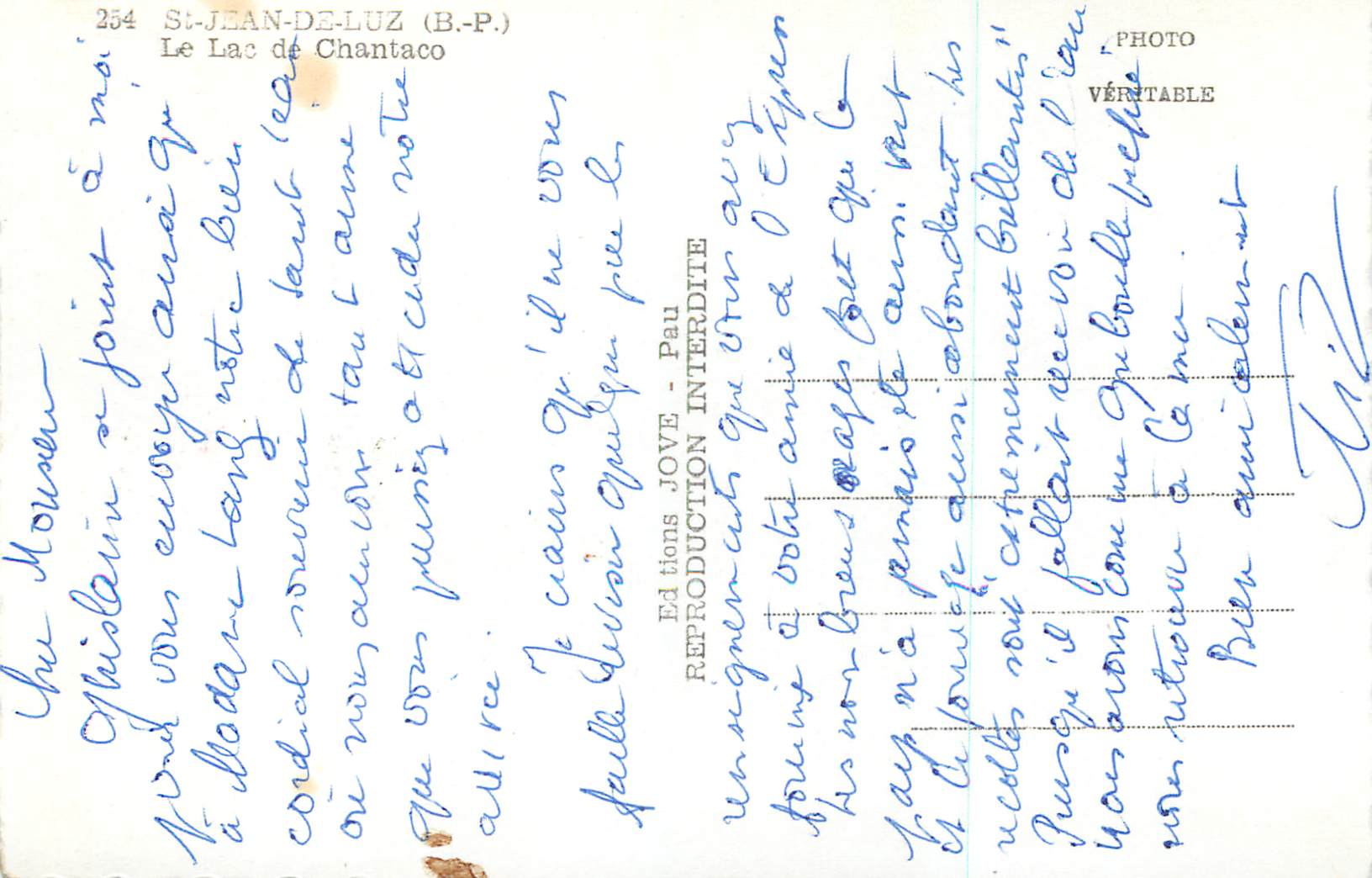 Le Lac de Chantaco — Saint-Jean-de-Luz (B.P.) — Éditions JOVE - Pau — Verso