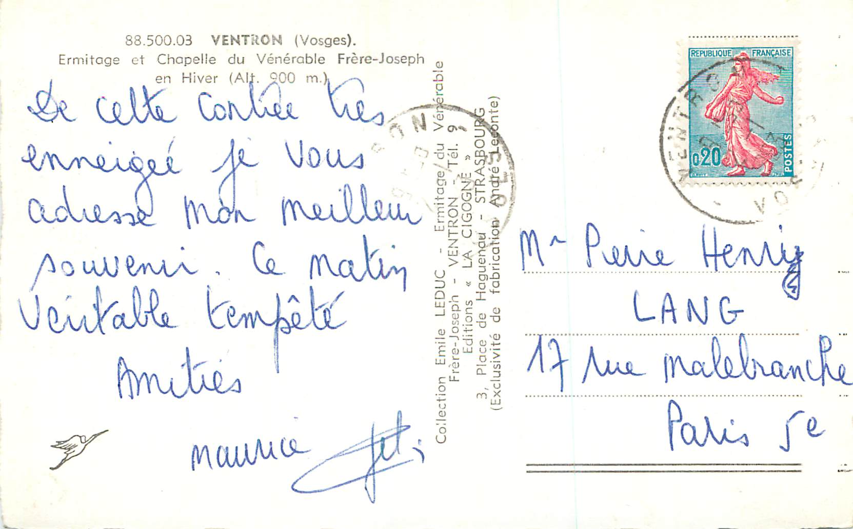 CPM Ventron (Vosges) Ermitage et Chapelle du Venerable Frere Joseph en Hiver (Alt 900 m) — Verso