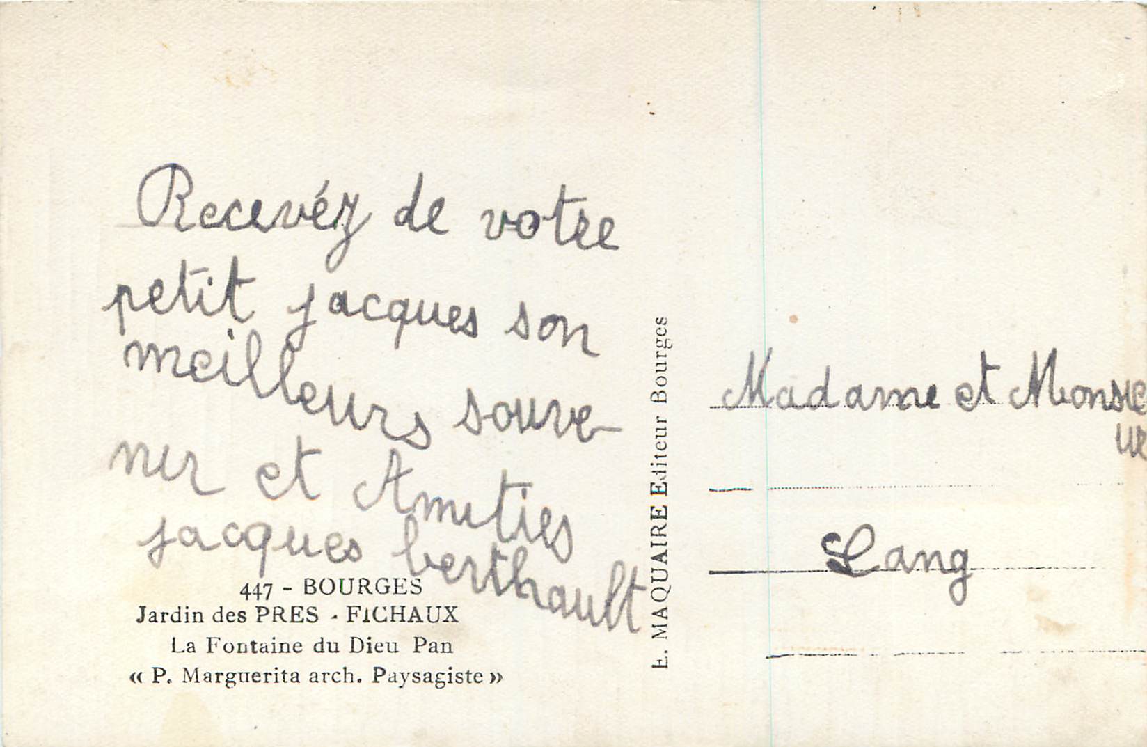 CPM Bourges Jardin des Pres Fichaux La Fontine de Dieu Pan — Rückseite