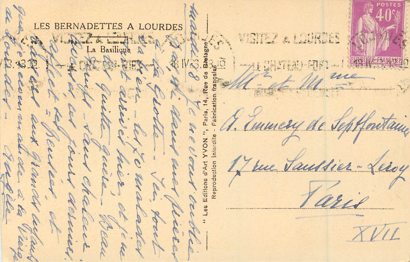 CPA Les Bernadettes a Lourdes La Basilique — Verso