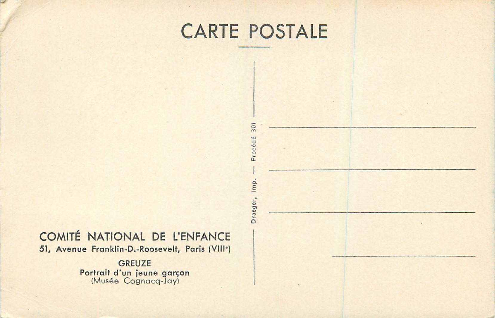 CPA Greuze Portrait d'un Jeune Garcon (Musee Cognacq Jay) Comite National de l'Enfance  — Verso