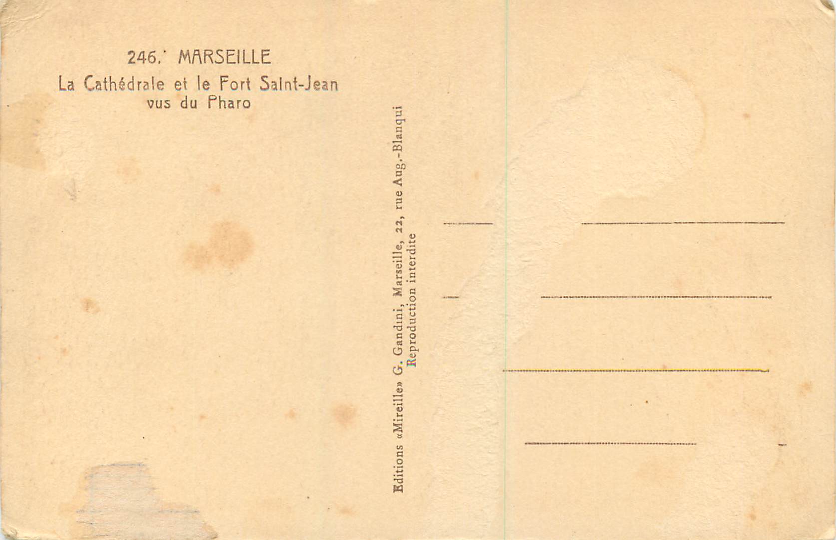 CPA Marseille la Cathedrale et le Fort Saint Jean vus du Pharo — Rückseite