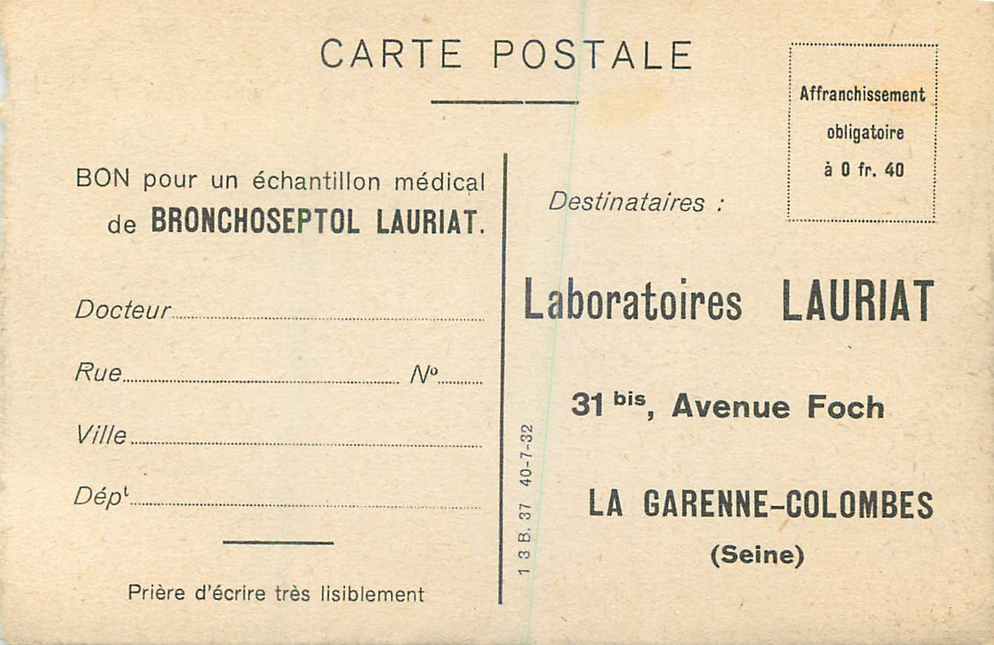 CPA Bateau Publicite Bronchoseptol Lauriat Avenue Foch La Garenne Colombes — Rückseite