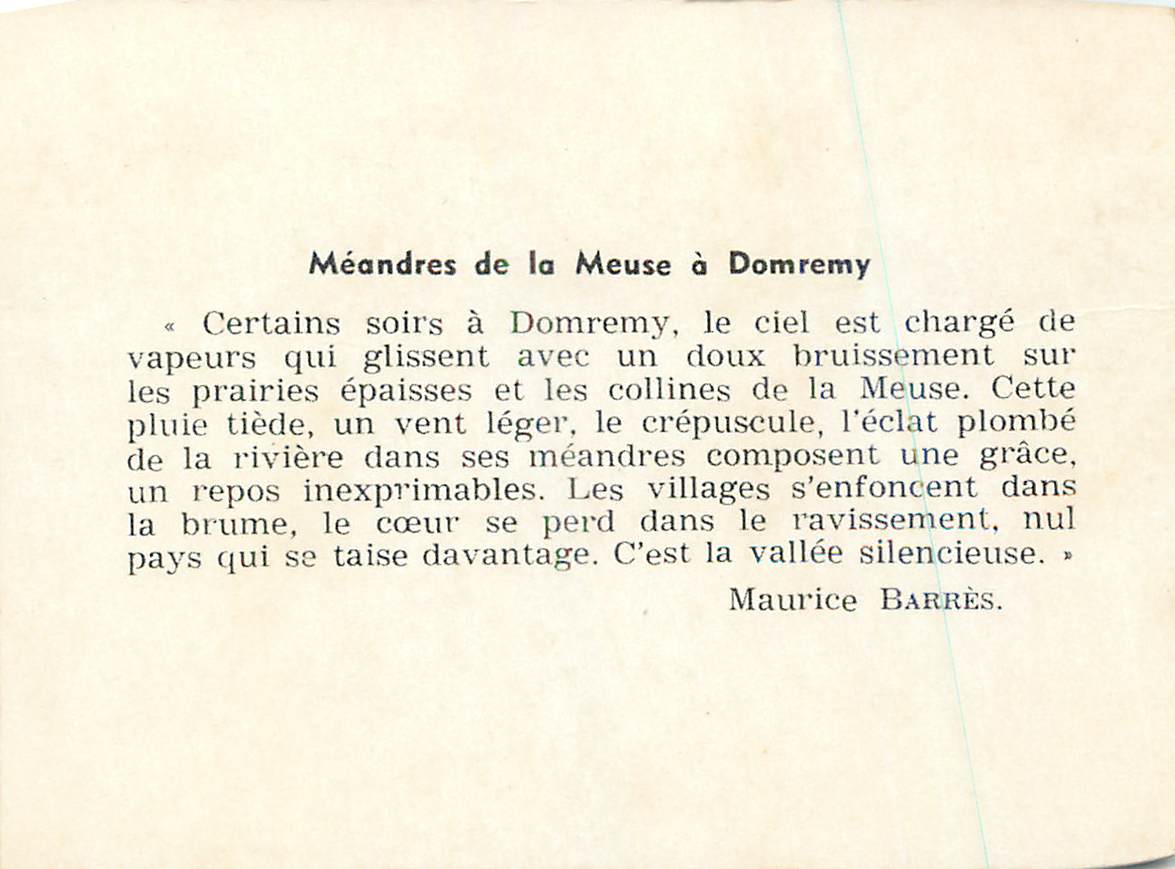 Méandres de la Meuse à Domremy — poème de Maurice Barrès — éditeur non visible — Verso