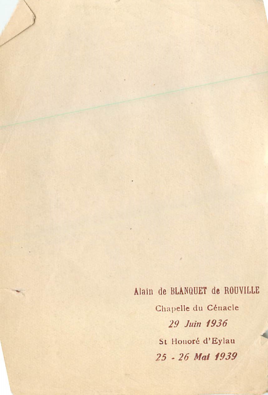Image communition La Communion du Chevalier Alain de Blanquet de Rouville Chapelle du Cenacle 29 Juin 1936 St Honore d'E — Verso