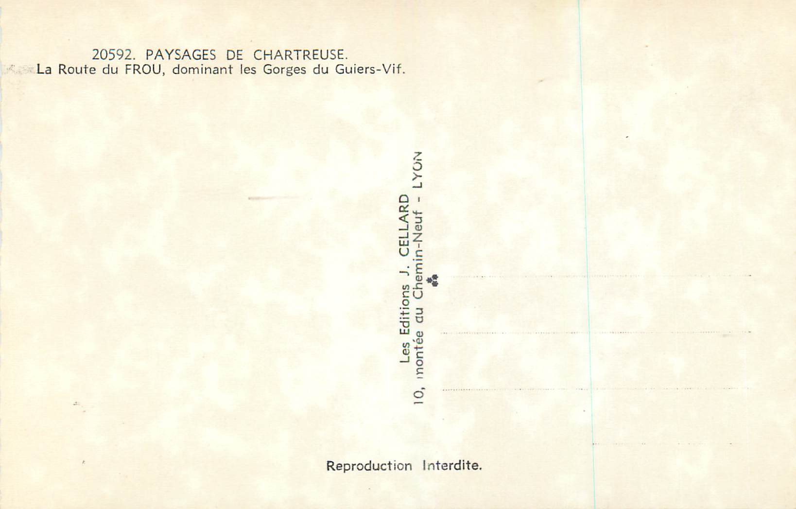 Route du Frou, dominant les Gorges du Guiers-Vif — Paysages de Chartreuse — Éditions J. Cellard — Verso