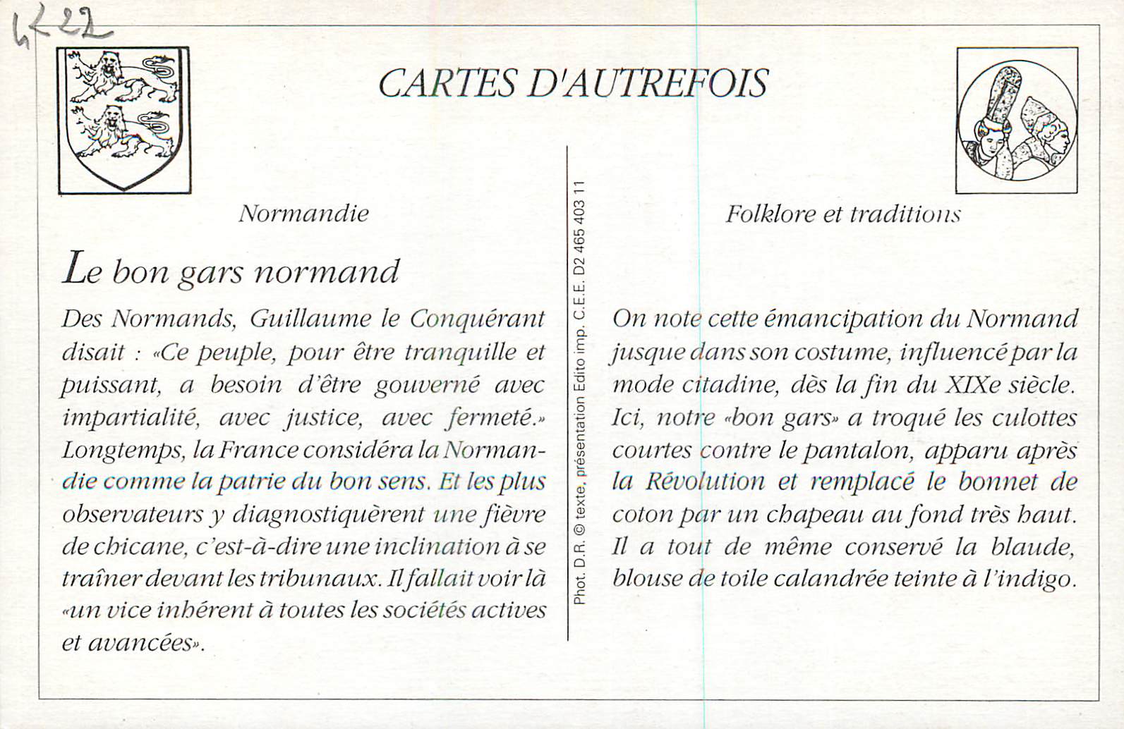 CPM La normandie la c p a 112 types et costumes le bon gars normand Folklore — Rückseite
