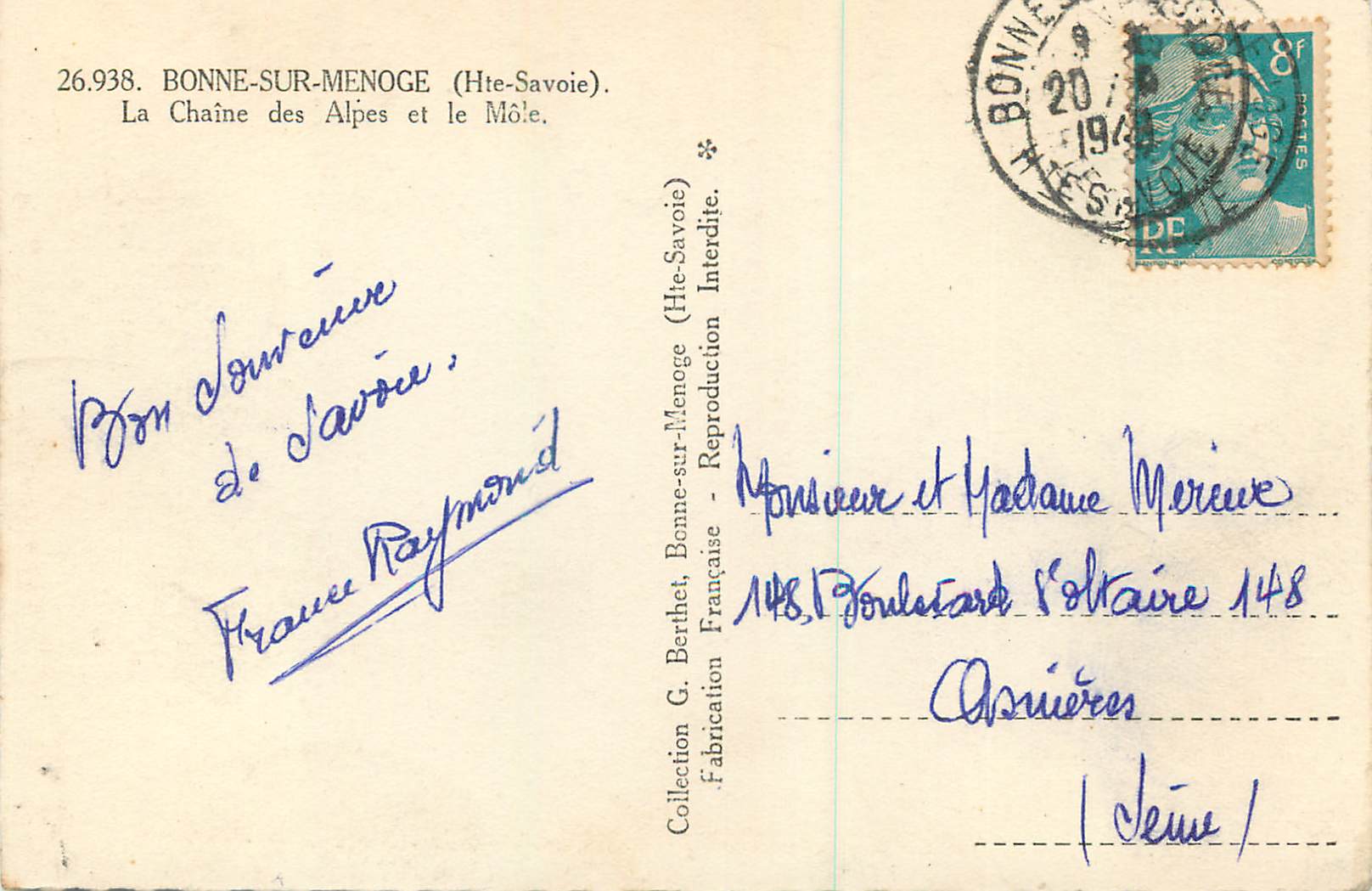 Bonne-sur-Menoge (Hte-Savoie) — La Chaîne des Alpes et le Môle — Collection G. Berthet — Verso