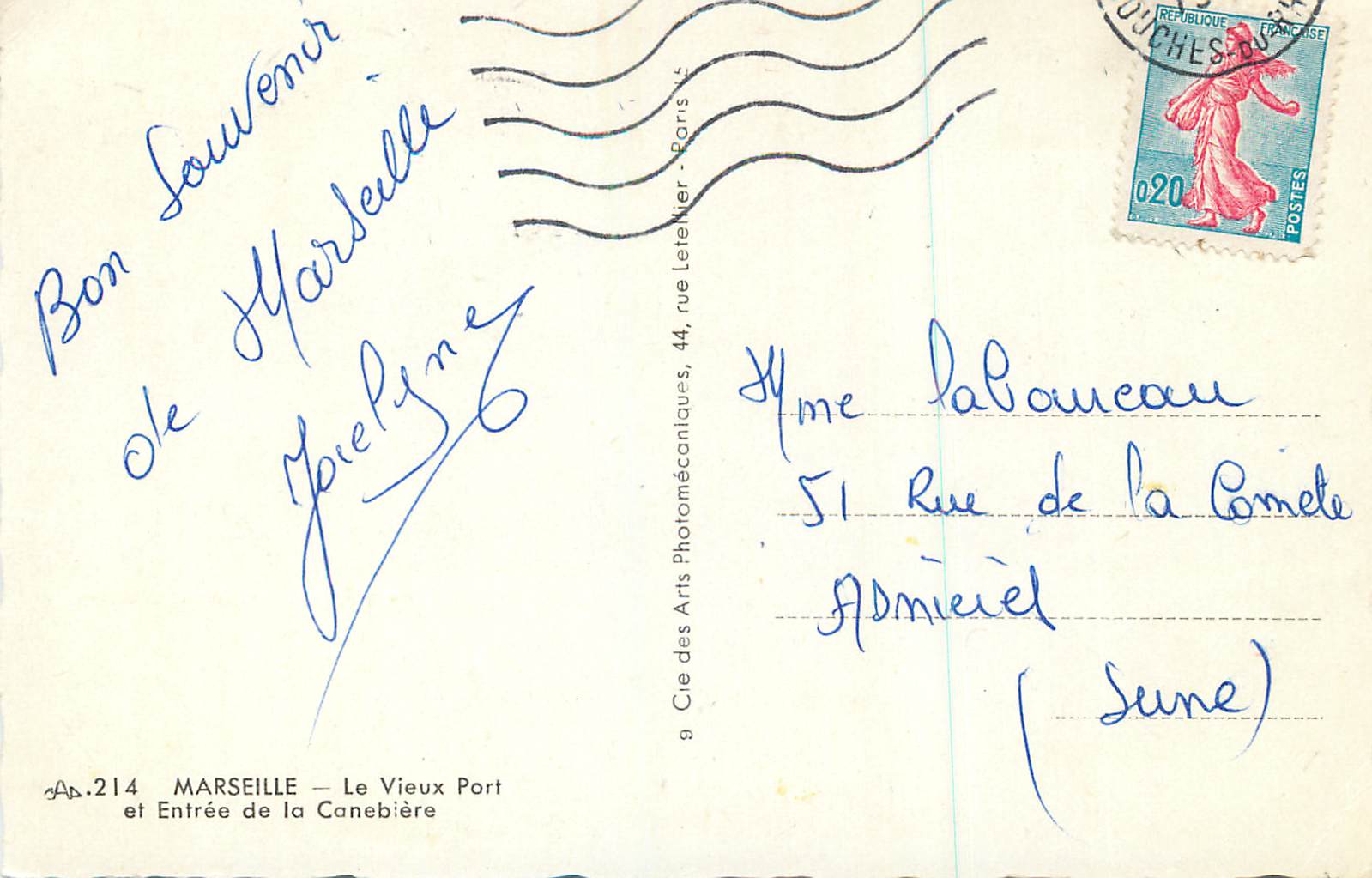 Marseille — Le Vieux Port et Entrée de la Canebière — Cie des Arts Photomécaniques, n° AB.214 — Verso