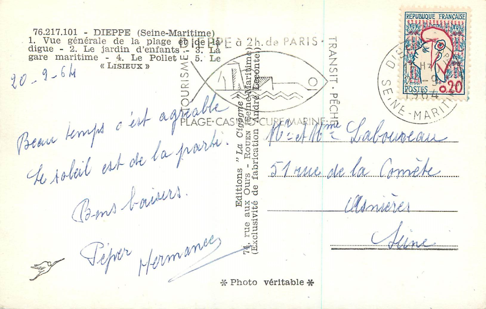 CPM 76 217 101 dieppe (seine maritime) 1 vue generale de la plage et de la digue 2 le jardin d enfant Bateaux — Verso