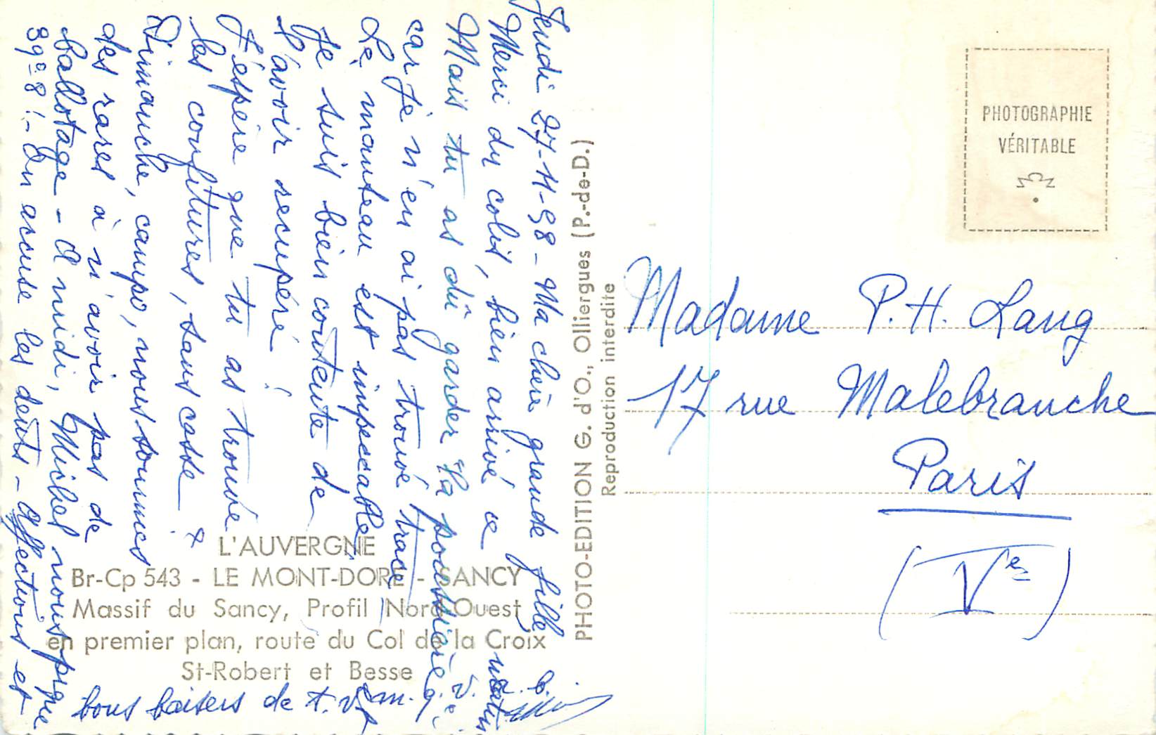 CPM L auvergne br cp 543 le mont d or sancy — Rückseite