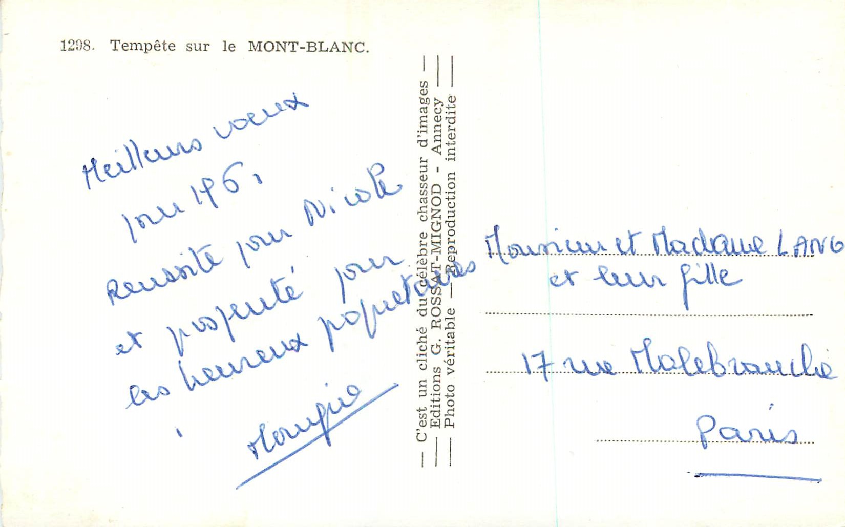 Tempête sur le MONT-BLANC — 1298 — Éditions G. ROSSOT-MIGNOD — Annecy — Verso