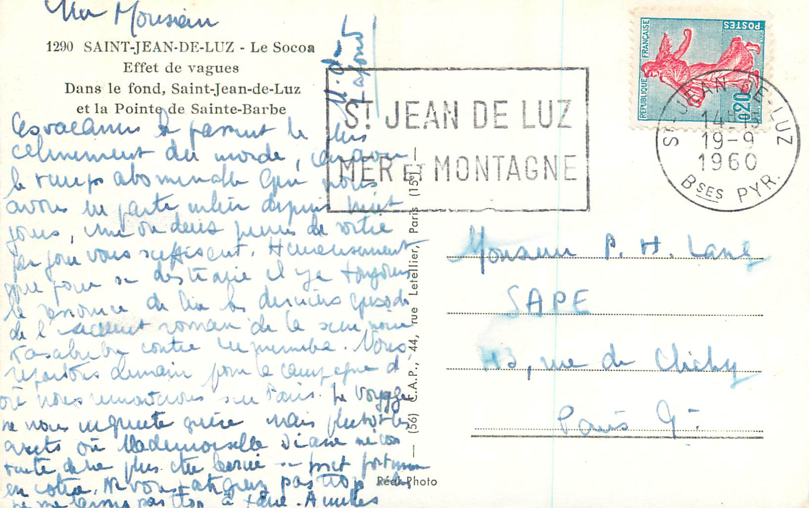 CPM 1290 saint jean de luz le socoa effet de vagues dans le fond saint jean de luz et la pointe de ste barbe — Verso