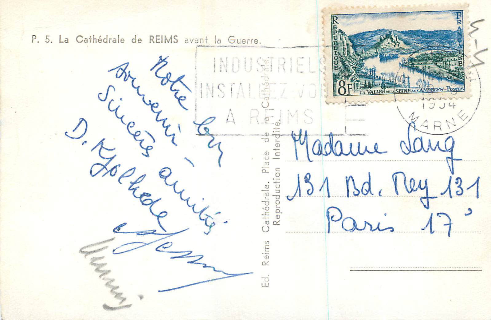 CPM P 6 la cathedrale de reims avant la guerre — Verso