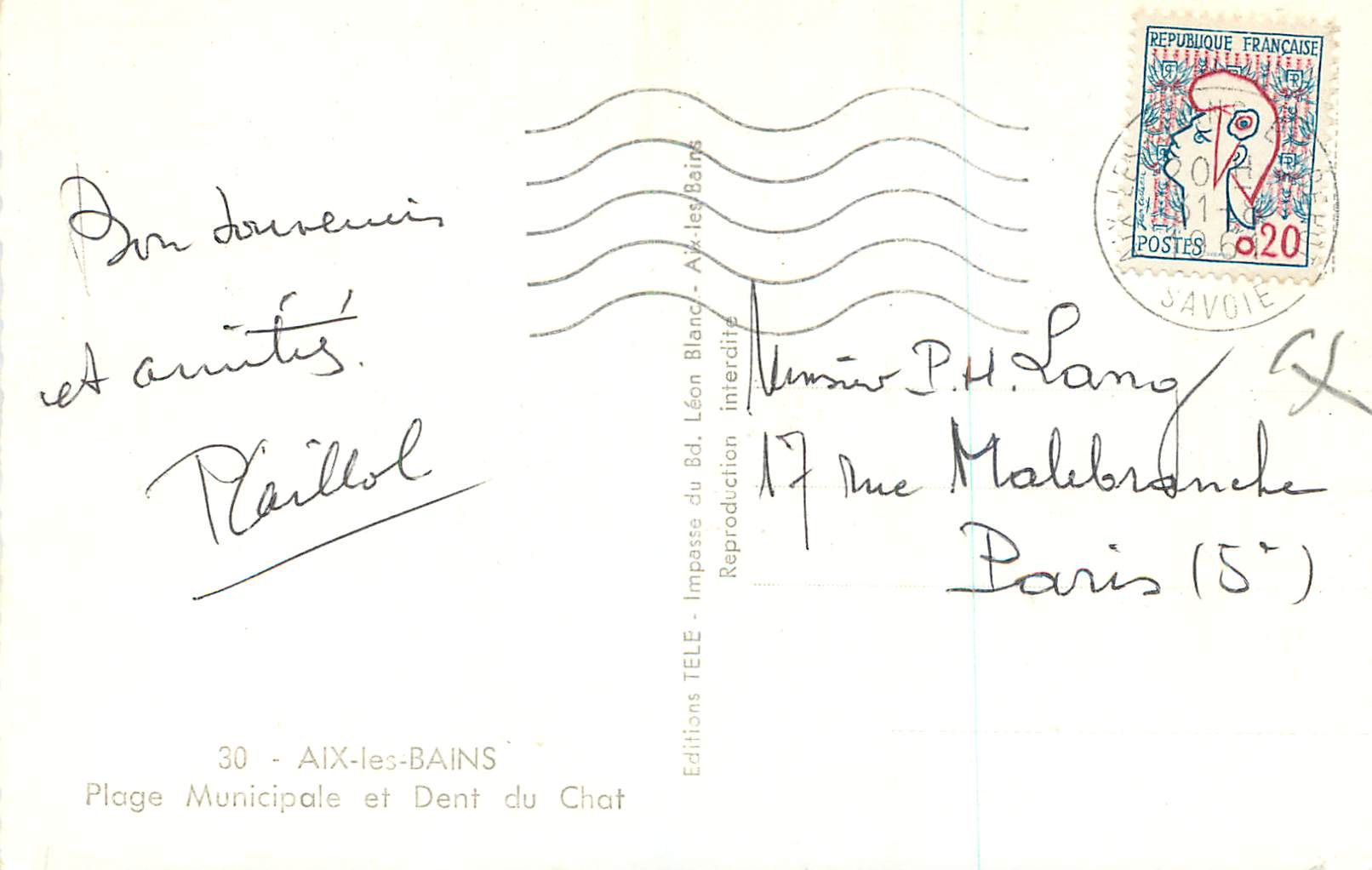 CPM 30 aix les bains plage municipale et dent du chat — Verso