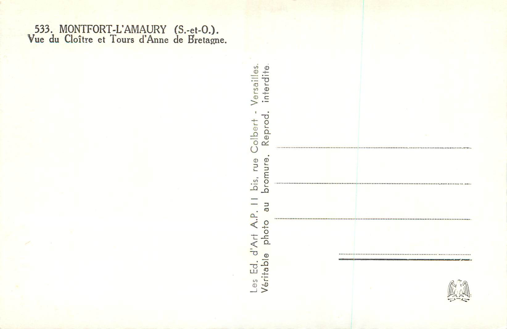 Montfort-l'Amaury — Vue du Cloître et Tours d'Anne de Bretagne — Éd. A.P. n°533 — Verso