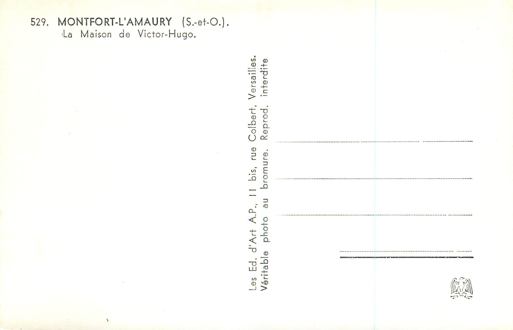 Montfort-l'Amaury — La Maison de Victor-Hugo — Éd. A.P., n° 529 — Verso