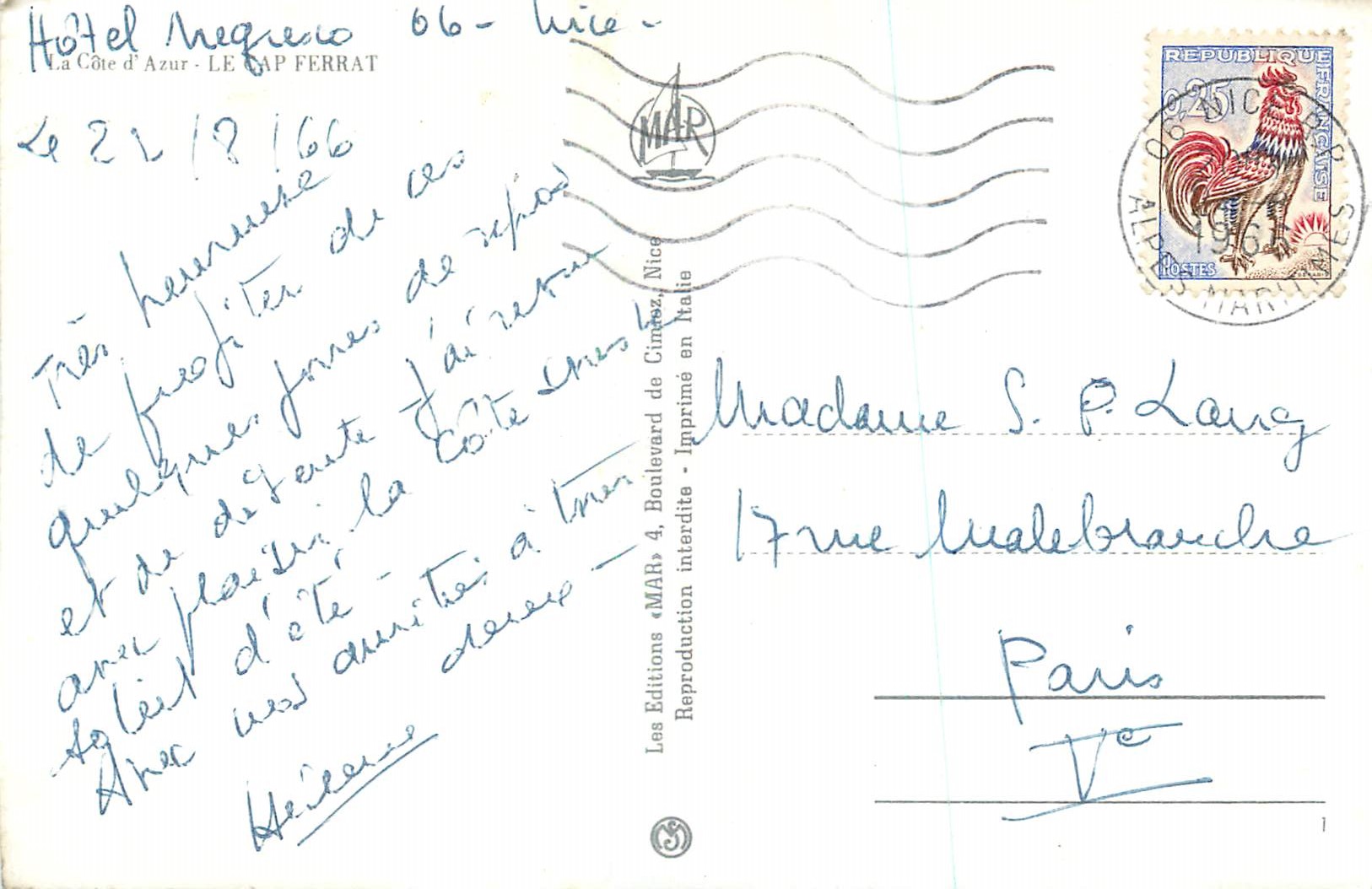 CPM La cote d azur le cap ferrat — Verso