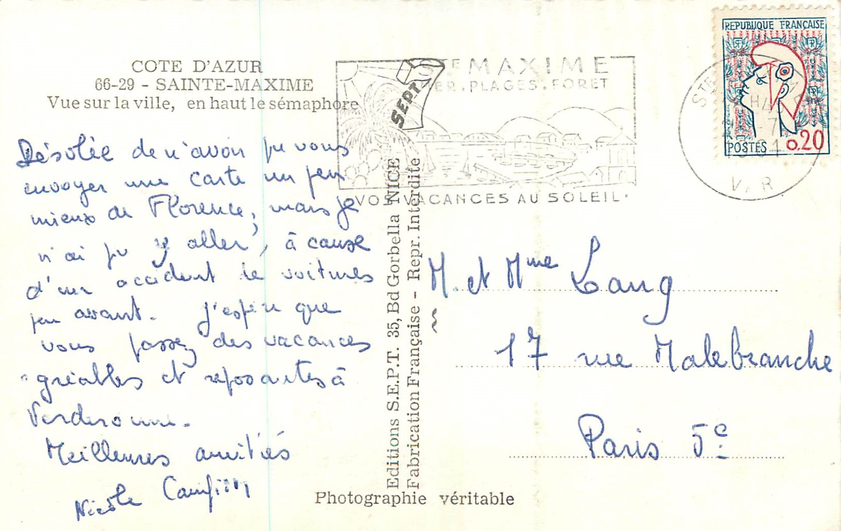 Sainte-Maxime — Vue sur la ville, en haut le séphamore — Éditions S.E.P.T. 66-29 — Verso