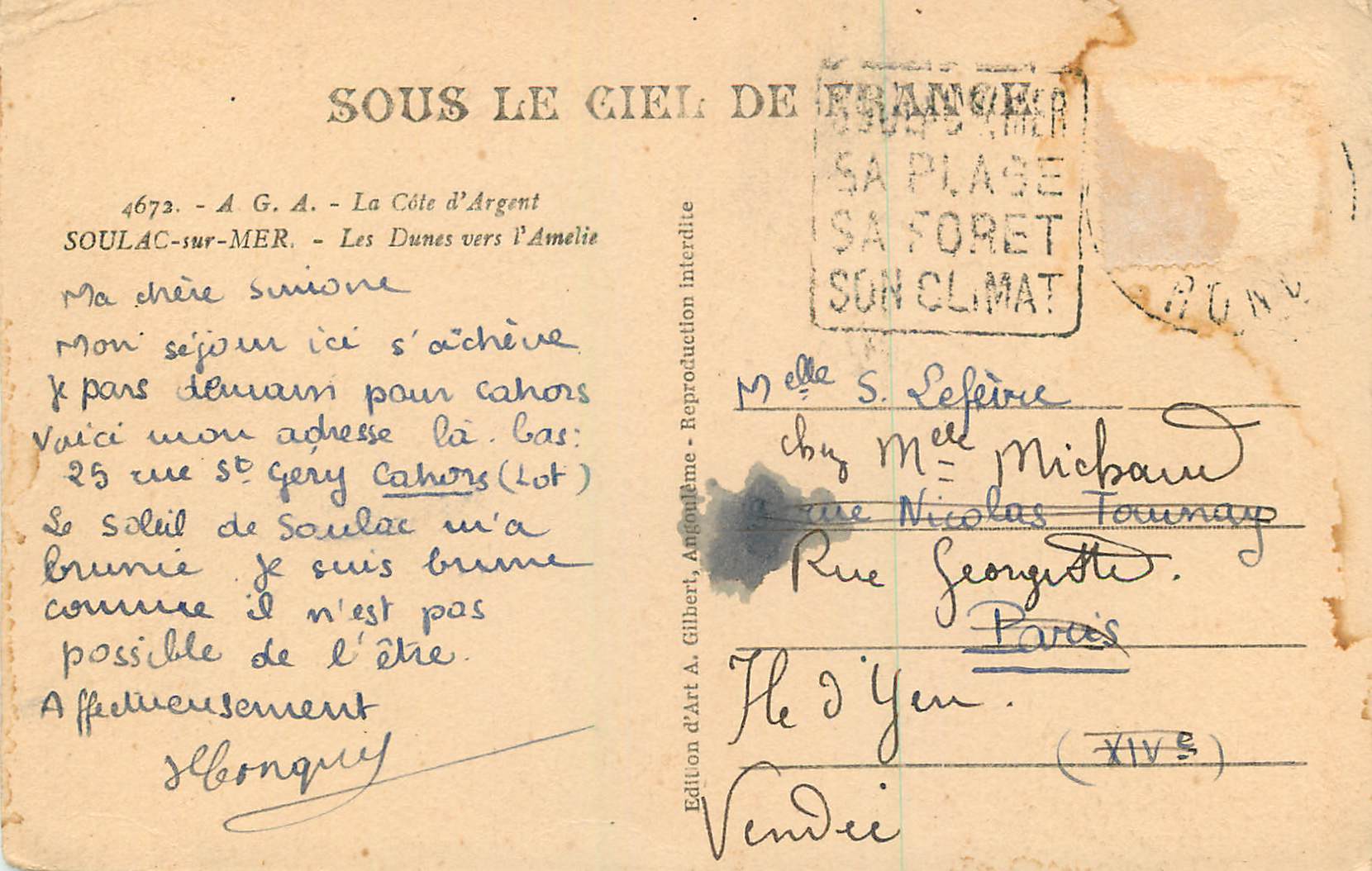 CPM 4672 a g a la cote d argent soulac sur mer les dunes vers l amelie — Rückseite