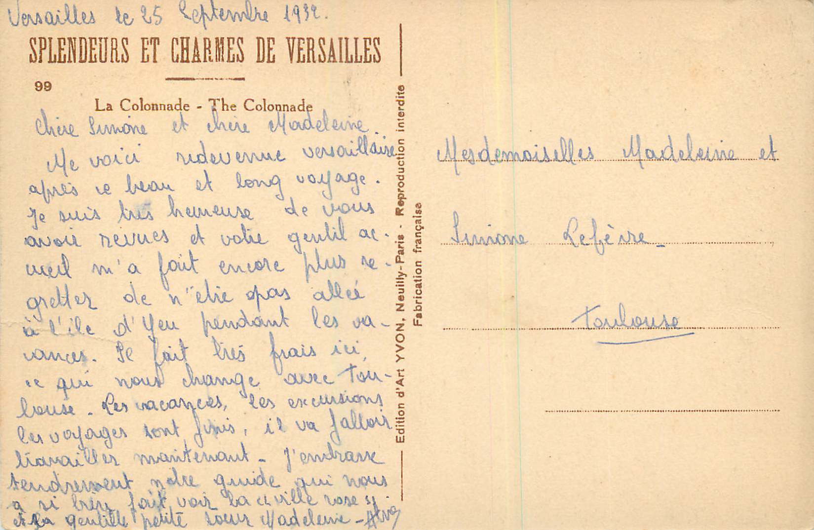 Versailles - La Colonnade — Édition d'Art YVON, série 99 — Rückseite