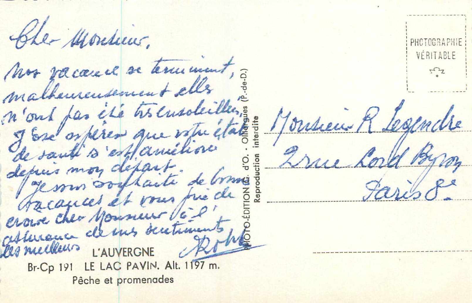 CPM L auvergne br cp 191 le lac pavin alt 1197 m peche et promenades — Rückseite