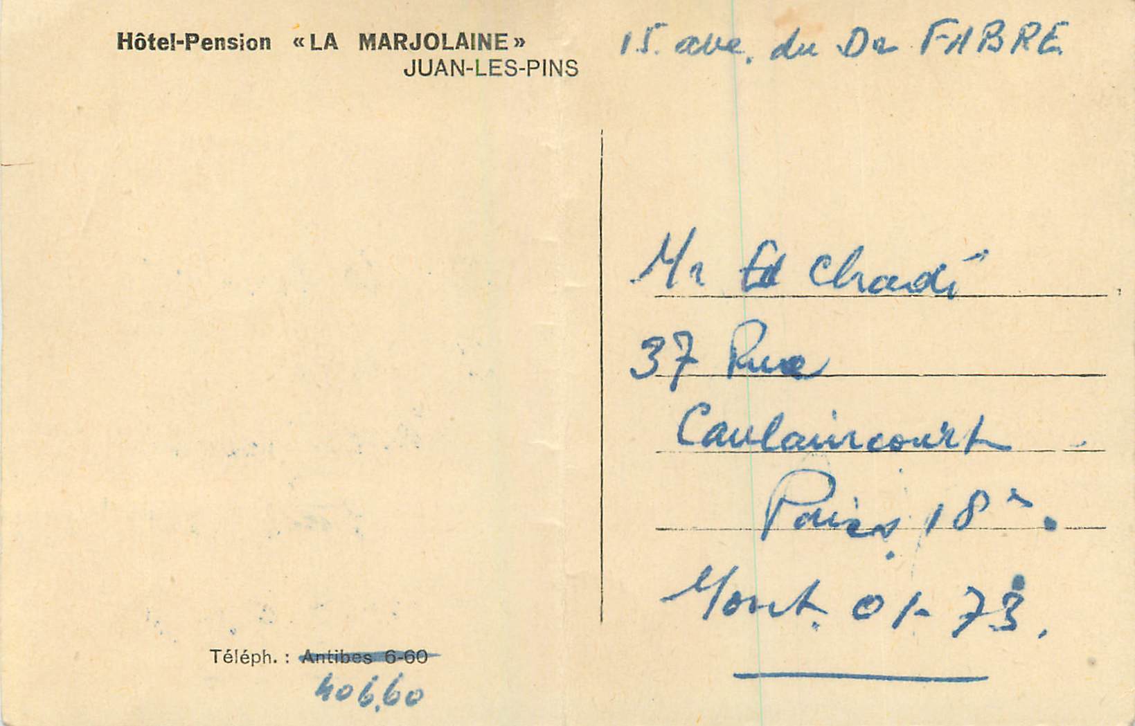 CPA Hotel pension la marjolaine juan les pins — Back
