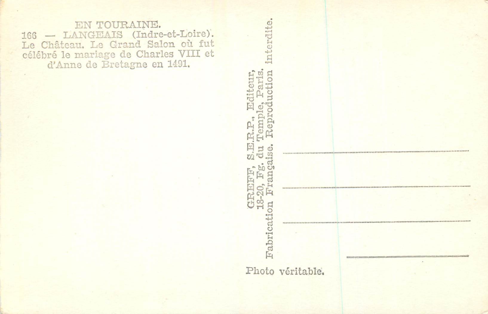 CPM En touraine 166 langeais (indre et loire) Le château le grand salon ou fut celebre le mariage de Charles VIII — Rückseite
