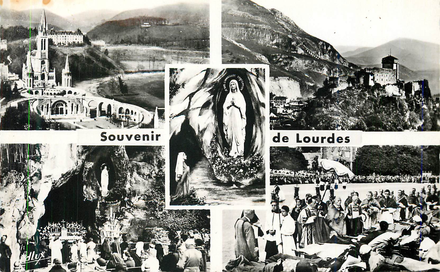 CPM 202 lourdes l apparition la basilique le chateau fort la benediction des malades la grotte