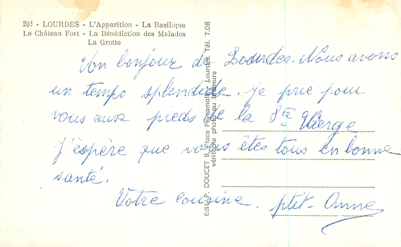 CPM 202 lourdes l apparition la basilique le chateau fort la benediction des malades la grotte — Verso