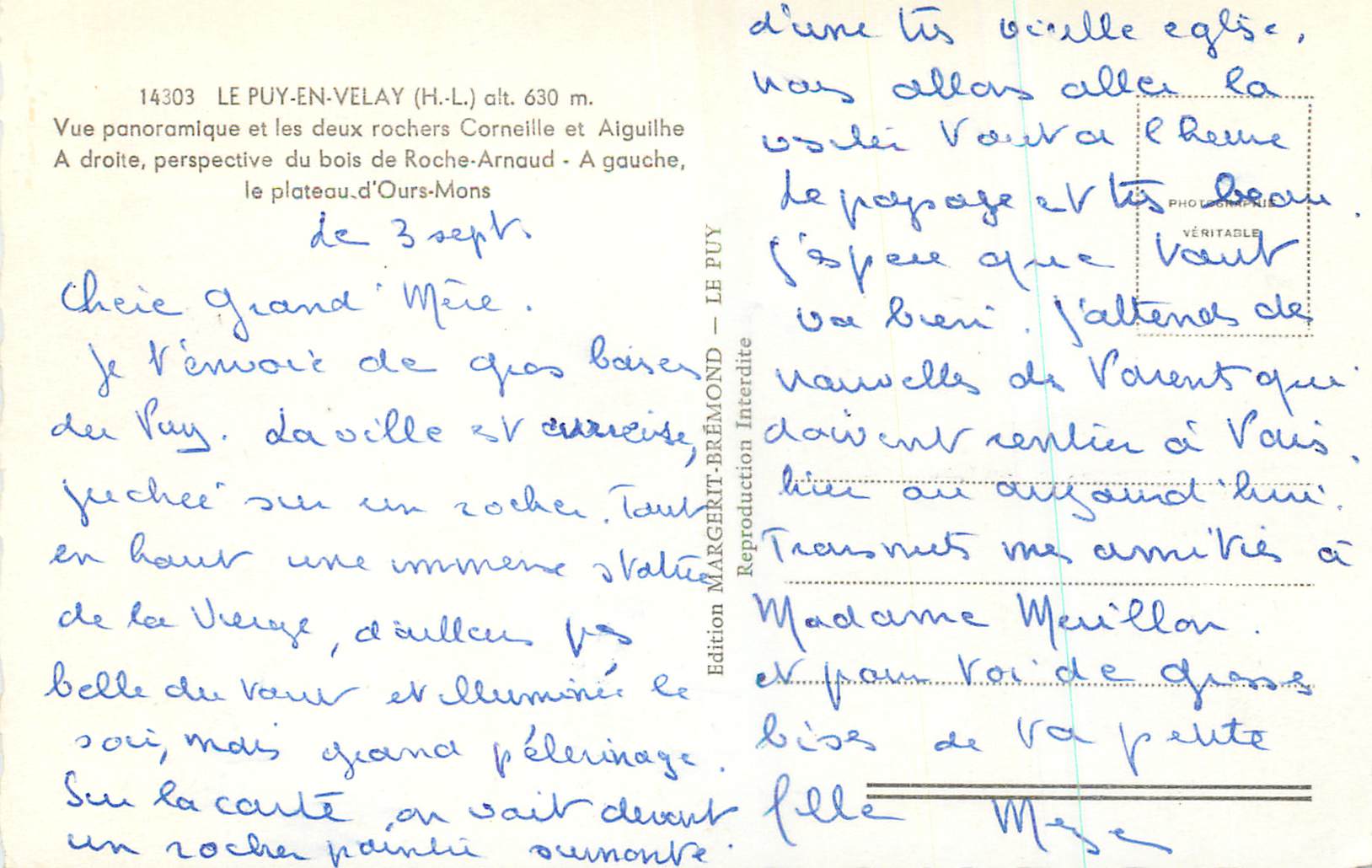 Le Puy-en-Velay — Vue panoramique et les deux rochers Corneille et Aiguilhe — Édition Margerit-Brémont — Verso