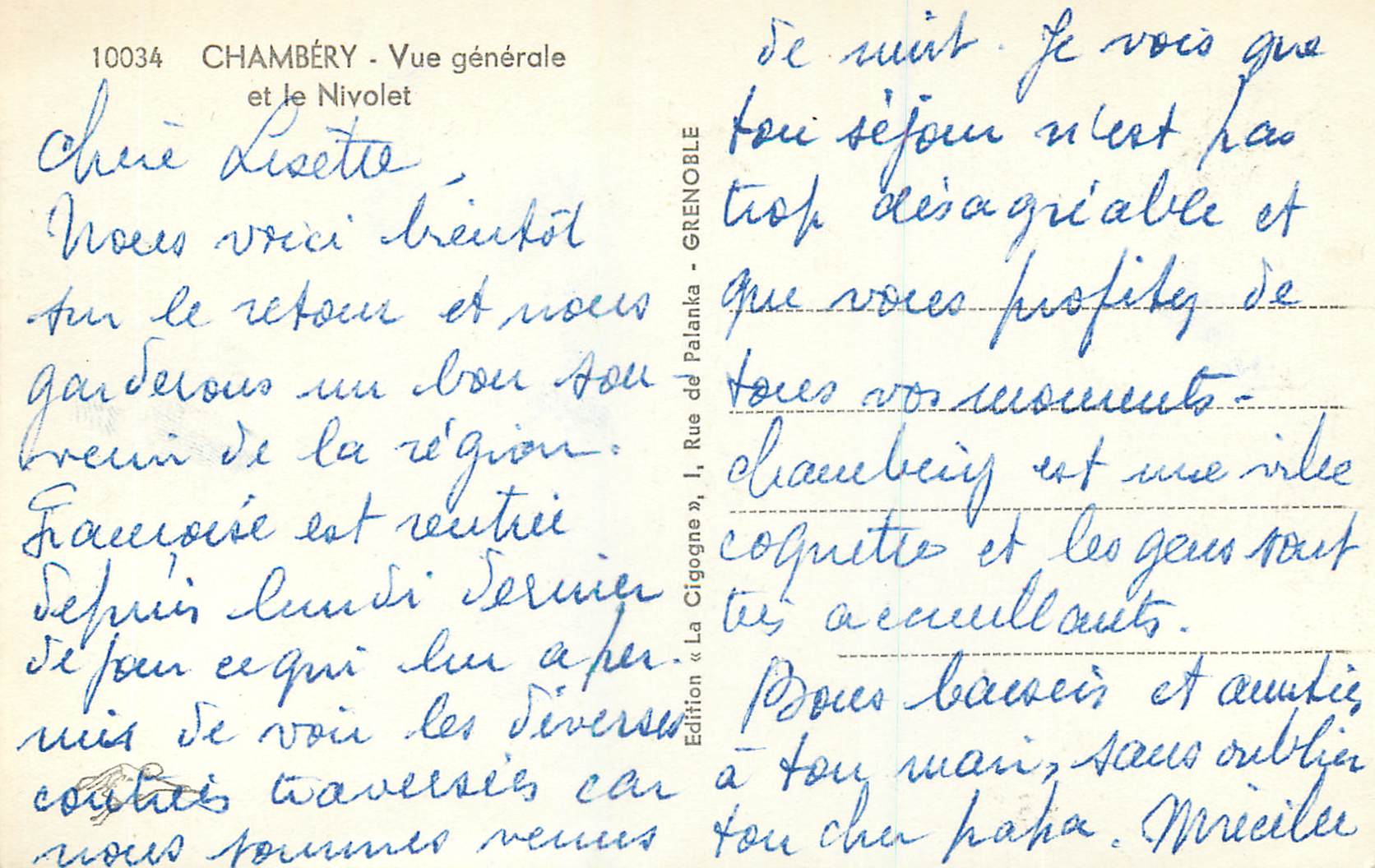 CPM 10034 chambery vue generale et le nivolet — Verso