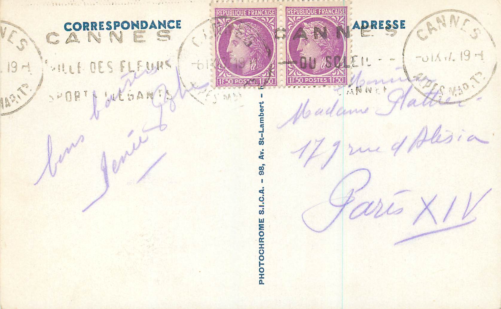 CPA C 6 cannes la croisette la plage le suquet — Verso