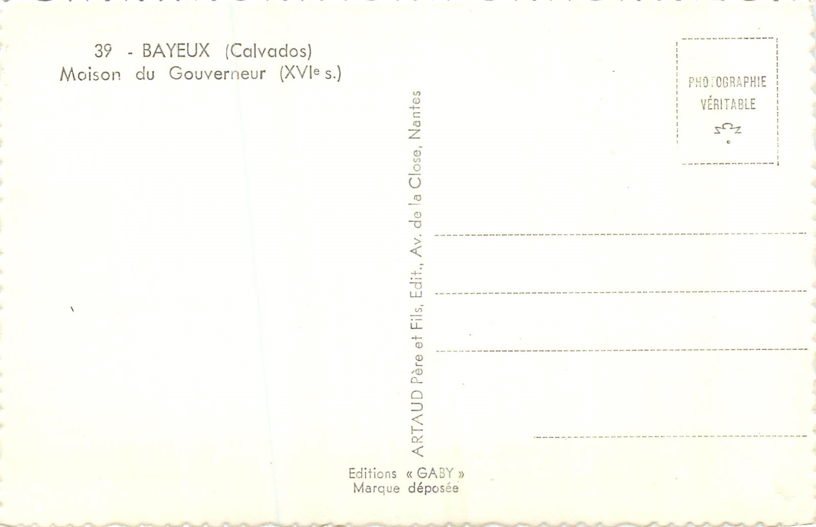 Bayeux — Maison du Gouverneur (XVIe s.) — Éditions Gaby, Nantes — Verso