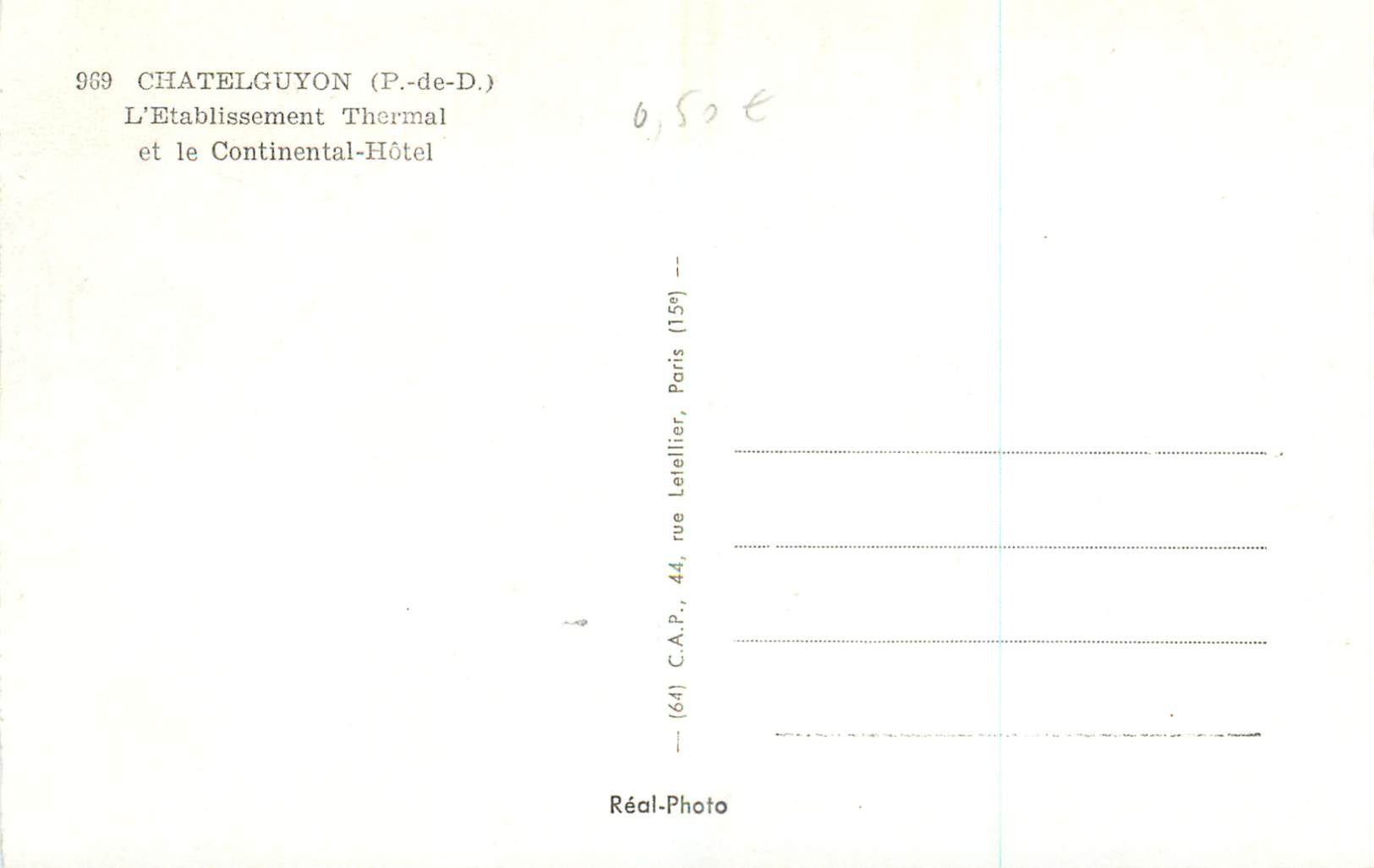CPM 969 chatelguyon (p de d) l etablissement thermal et le continental hotel — Rückseite