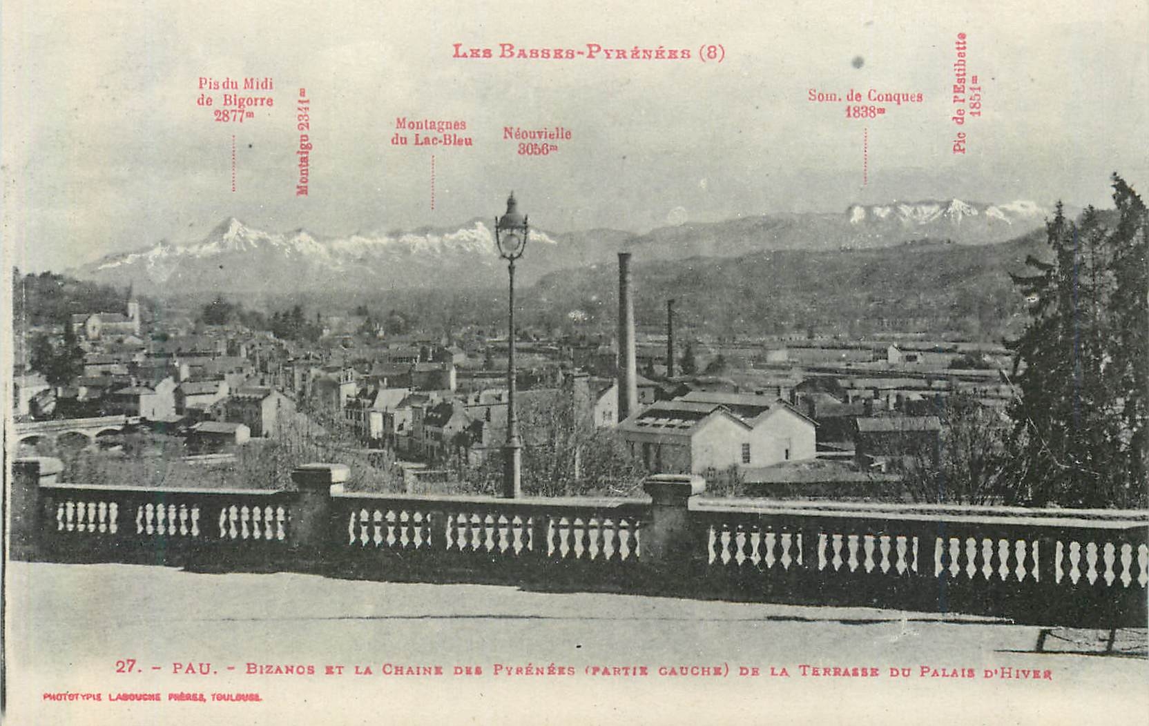 Pau - Bézanos et la chaîne des Pyrénées (partie gauche) de la terrasse du Palais d'Hiver — Phototypie Labouche Frères, Toulouse