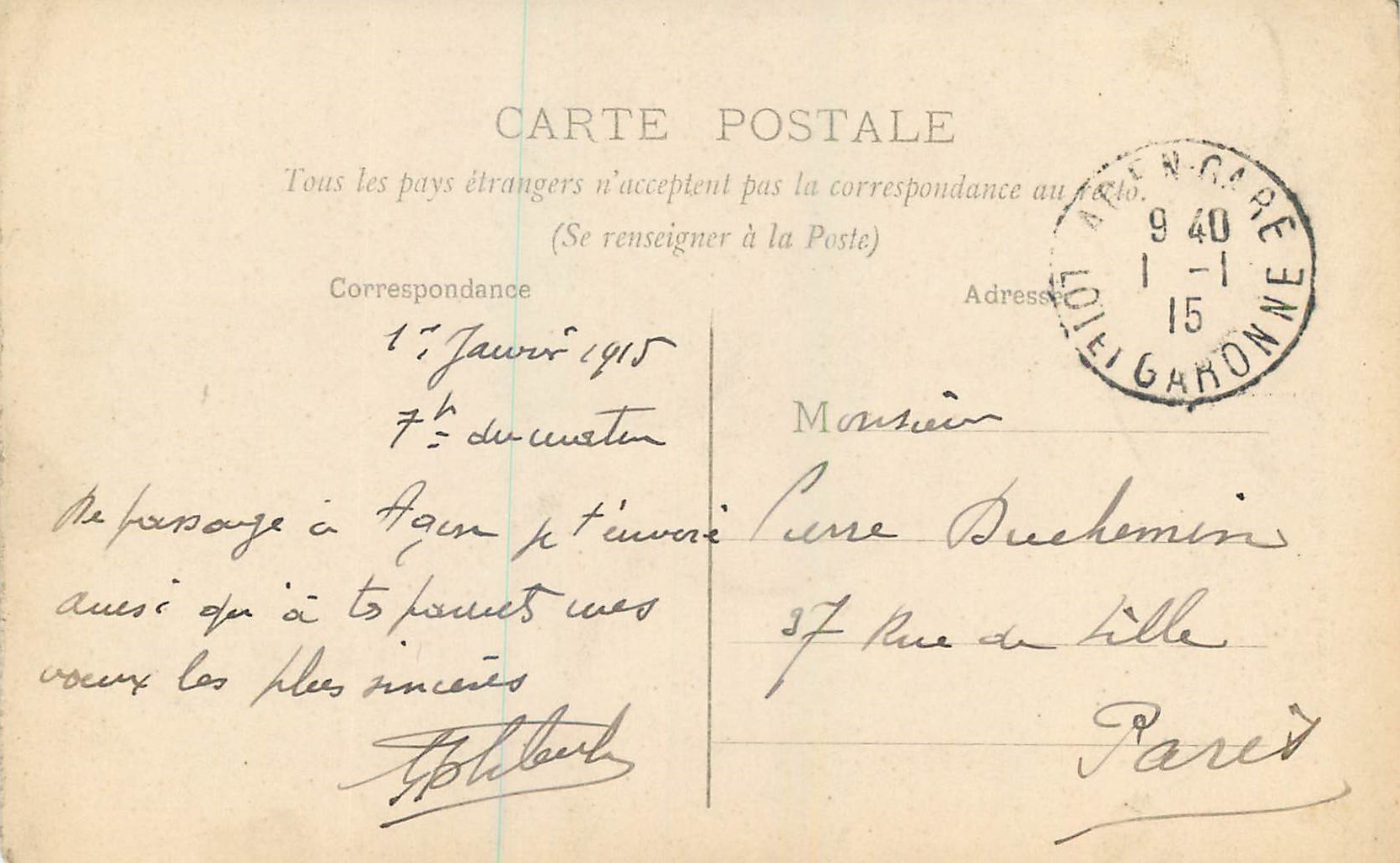 CPA 23 agen petite porte du lycee — Verso