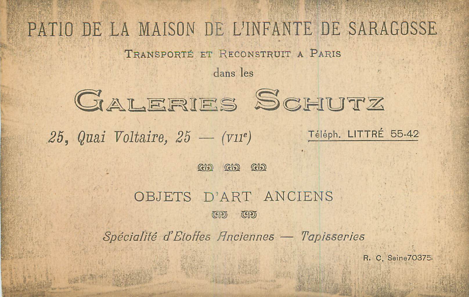 CPA Patio de la maison de l infante de saragosse transporte et reconstruit a paris dans les galeries schutz Quai Voltair — Rückseite