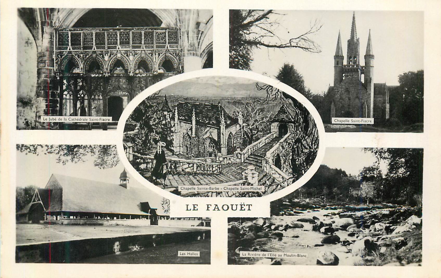 CPM Le faouet Le jube de la cathedrale Saint Fiacre Chapelle Saint Fiacre Les halles La riviere