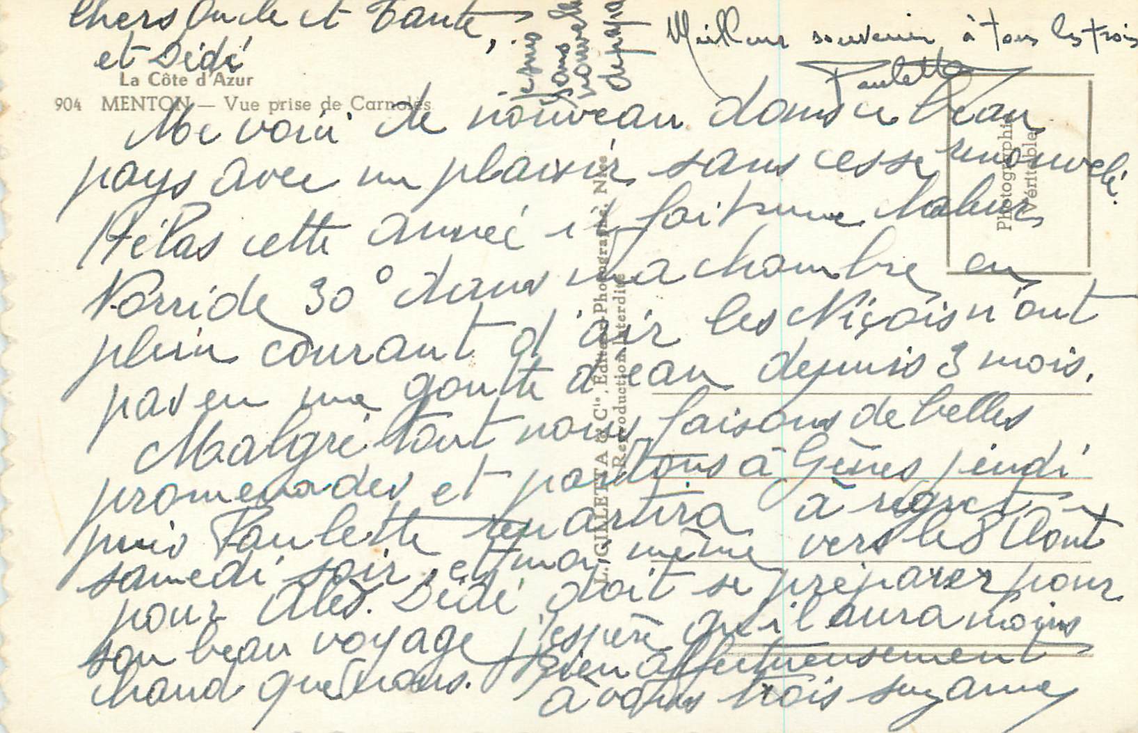 CPM La cote d azur 904 menton vue prise de carnoles — Rückseite
