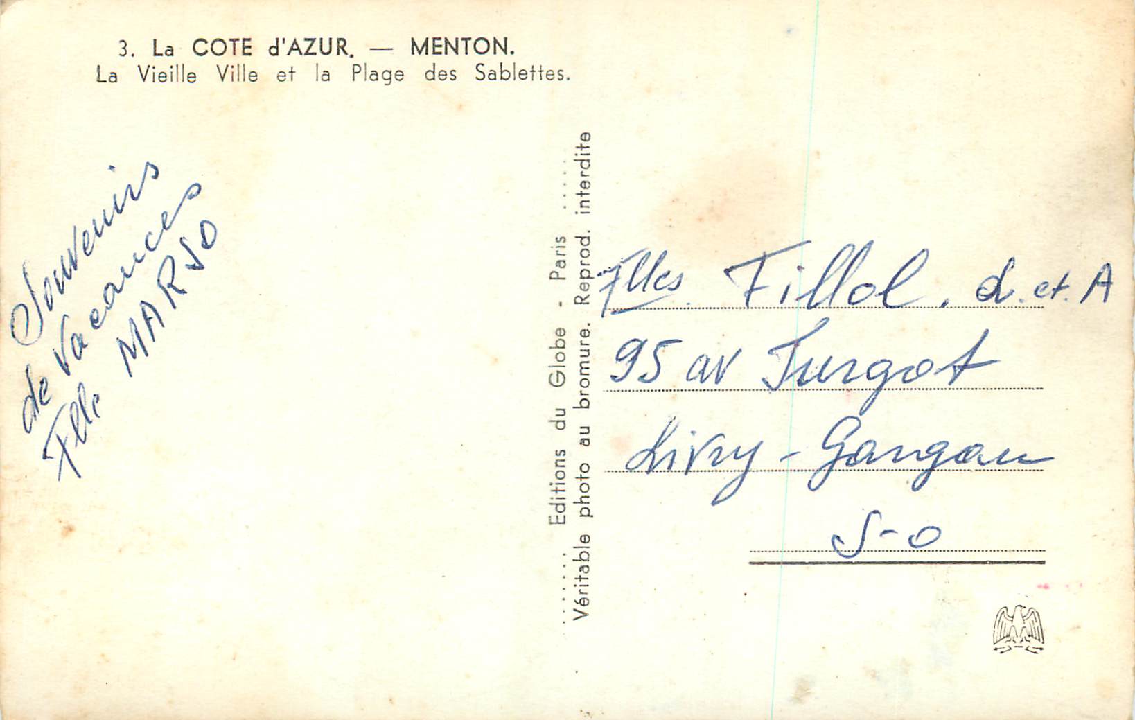 CPM 3 la cote d azur menton la vieille ville et la plage des sablettes — Rückseite